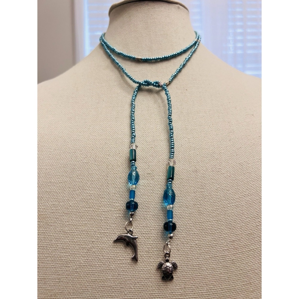 Blue Glass Bead Lariat Wrap Necklace Silver Dolphin Sea Turtle Charm Summer Boho